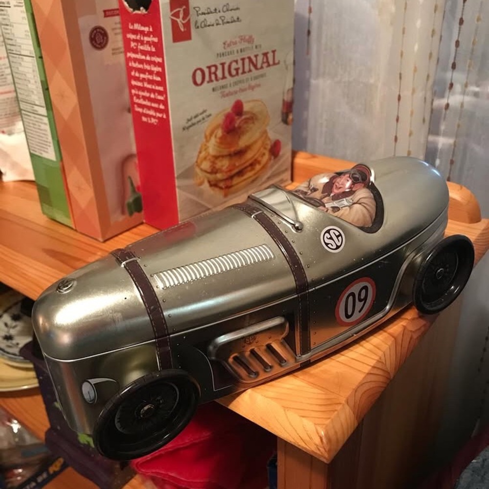 1970s Silver C R A N E Cookie tin in the shape of a car